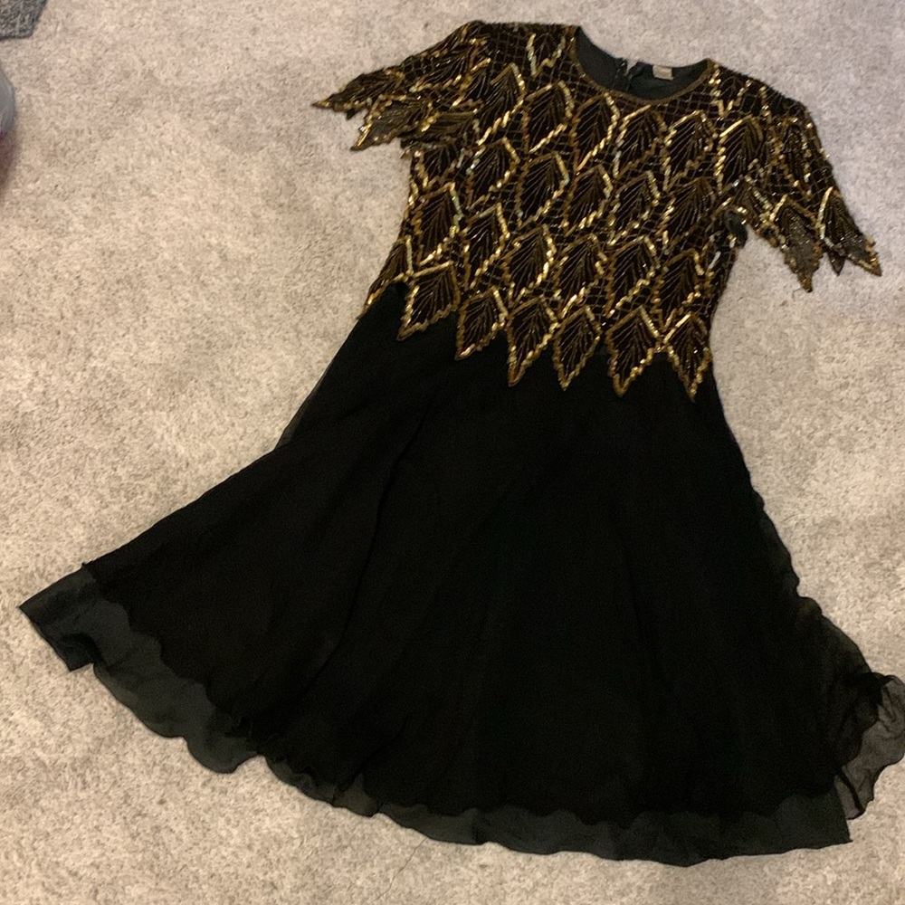 Laurence Kazar Leaf Black Gold Sequin Silk Vintage Cocktail Dress Size XL - Picture 11 of 17